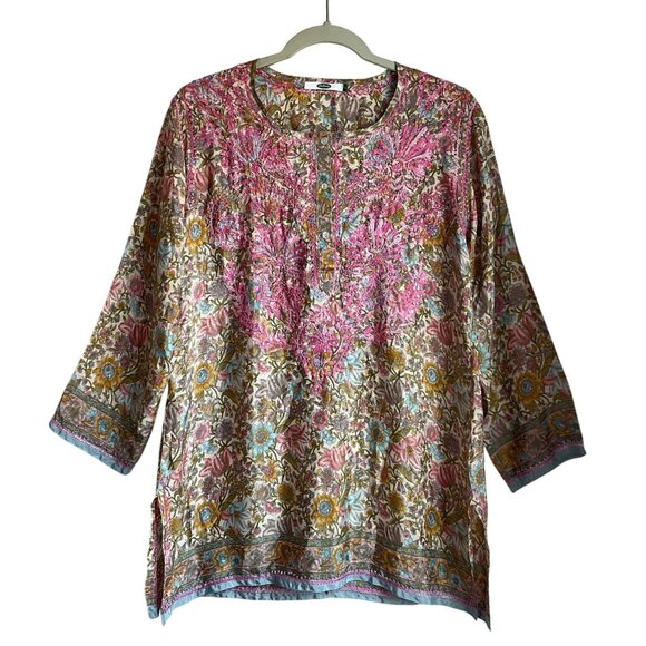 Dolma Medium Floral Pink Hand-Embroidered Tunic Top Lightweight Silk Bl Boho - Picture 1 of 14